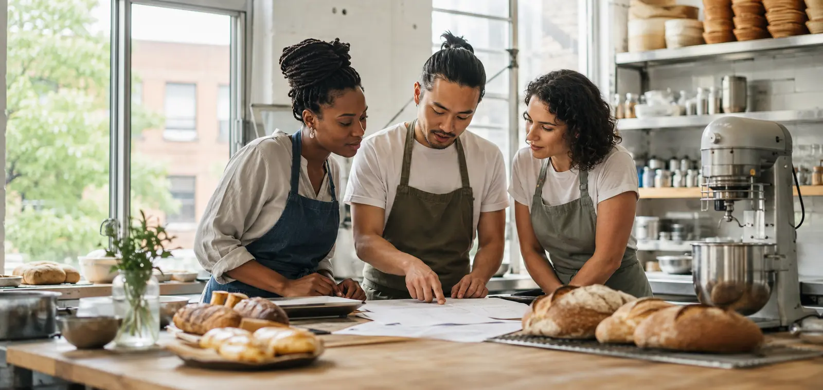 Small-business owners reviewing plans inside their storefront