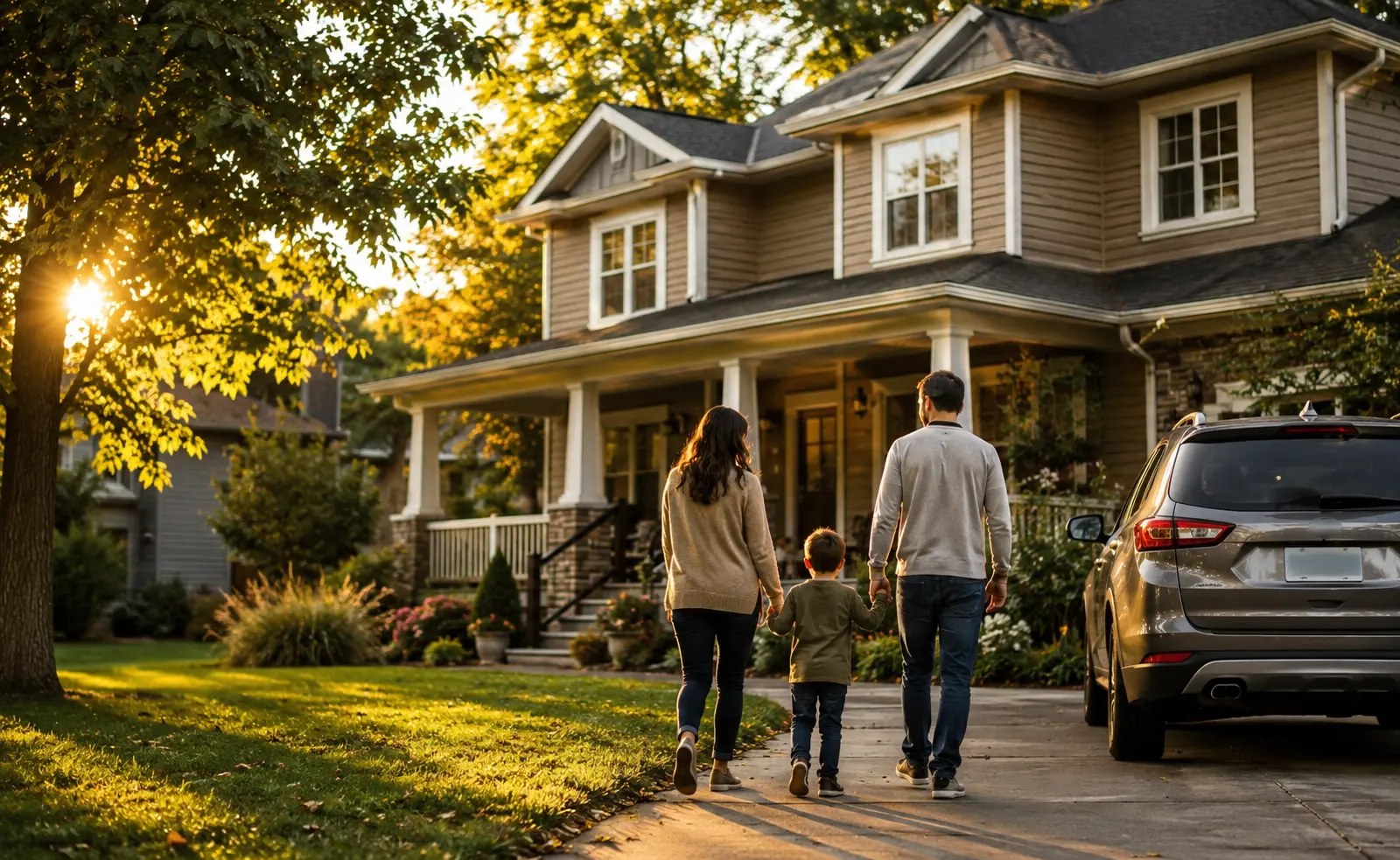 A family arriving at their Midwestern home